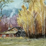 Artify 學員創作｜秋天山中小屋炊煙裊裊的水彩風景畫