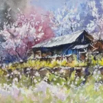 Artify 學員創作｜山上人家四周油菜花與櫻花盛開的春日水彩風景畫